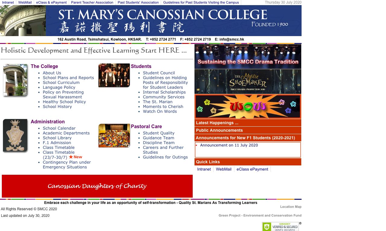 Screenshot of the Home Page of St. Mary's Canossian College
